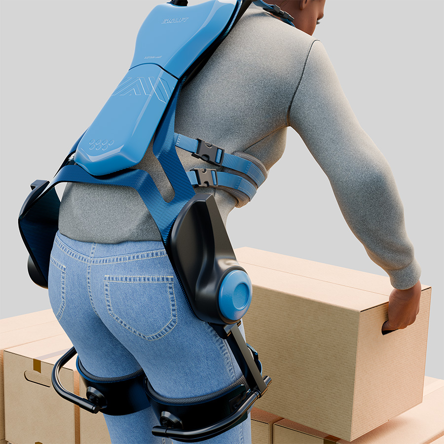 Ein Exoskelett entlastet beim Heben schwerer Lasten.
