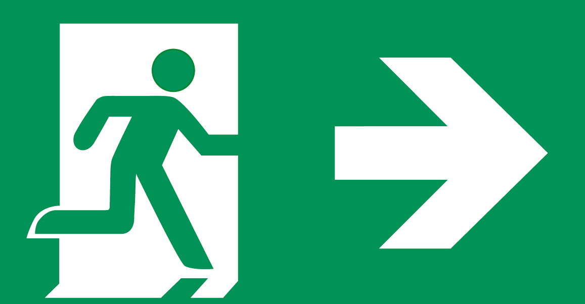 Beispiel für Rettungsweg_Notausgang (E0 02) mit Zusatzzeichen (Richtungspfeil)