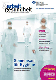 Cover arbeit & gesundheit Ausgabe 5 | 2020; Klinikpersonal mit Masken