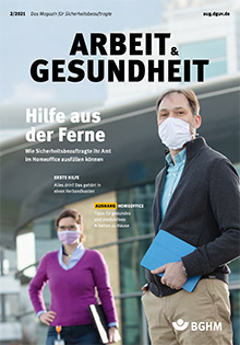Cover arbeit & gesundheit Ausgabe 2 | 2021; Foto ©David Spaeth; Mann und Frau tragen Nase-Mund-Masken