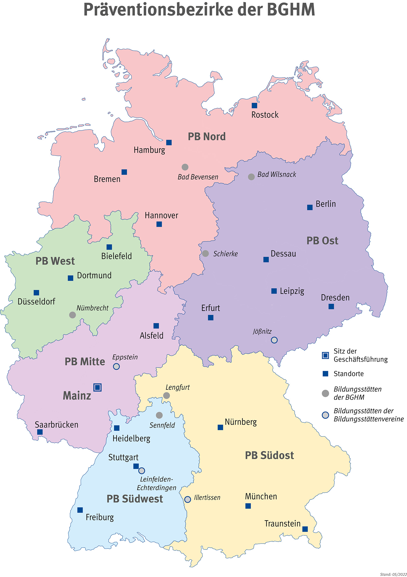 Deutschlandkarte der Standorte und Präventionsbezirke der BGHM; Stand 05.2022